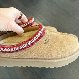 UGG Tan Slippers with Red Accents